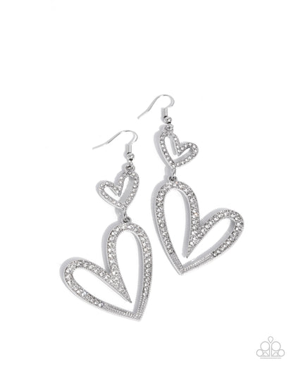 Power Couple - White Rhinestone Hearts Silver Fishhook Earrings - Paparazzi Accessories