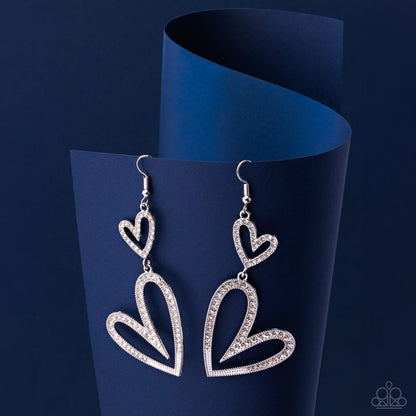 Power Couple - White Rhinestone Hearts Silver Fishhook Earrings - Paparazzi Accessories
