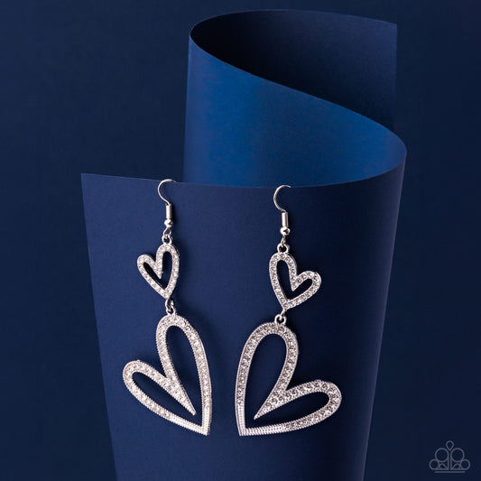 Power Couple - White Rhinestone Hearts Silver Fishhook Earrings - Paparazzi Accessories