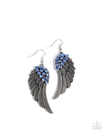 Angelic Abundance - Blue Rhinestone Silver Angel Wing Fishhook Earrings - Paparazzi Accessories