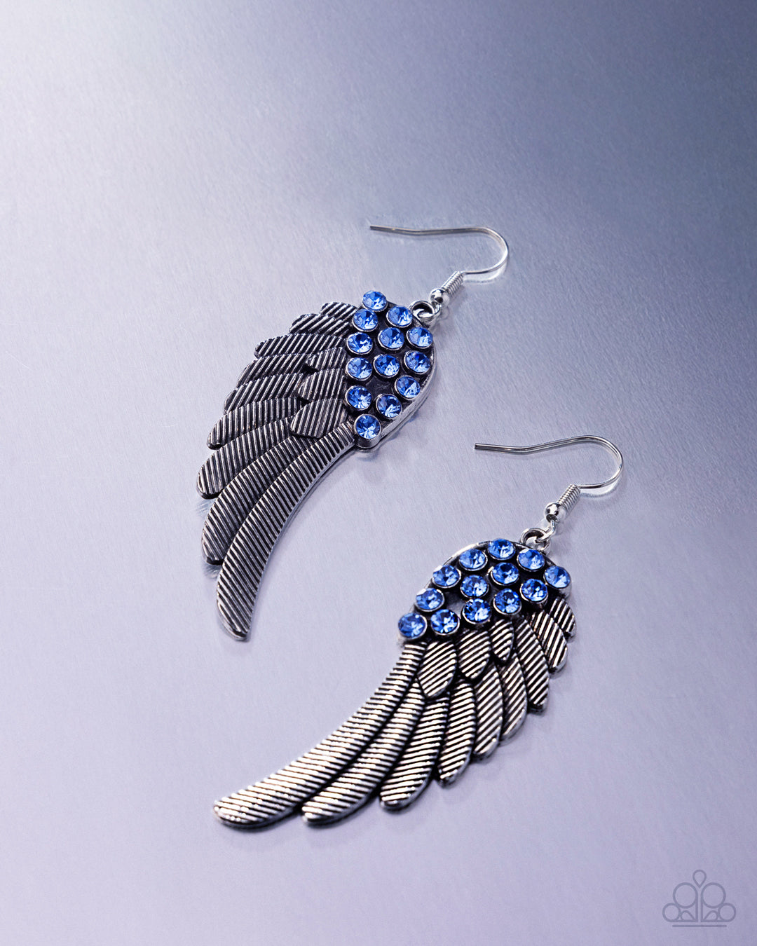 Angelic Abundance - Blue Rhinestone Silver Angel Wing Fishhook Earrings - Paparazzi Accessories