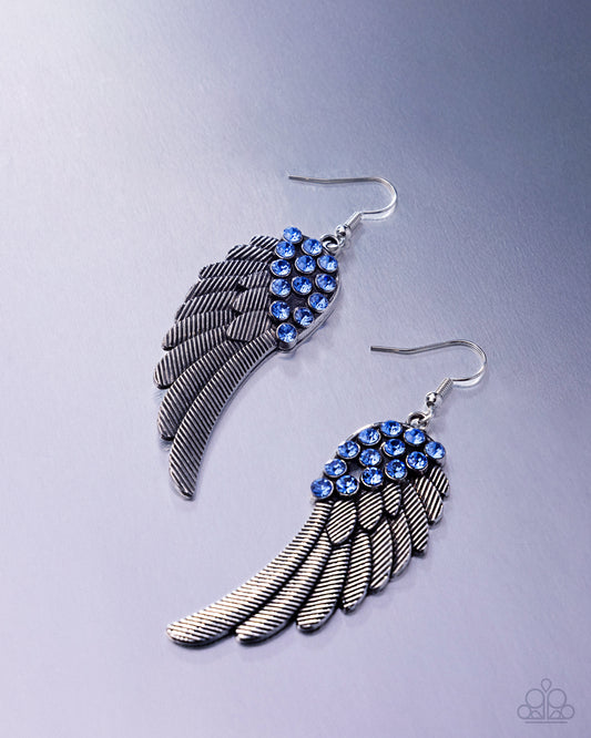 Angelic Abundance - Blue Rhinestone Silver Angel Wing Fishhook Earrings - Paparazzi Accessories
