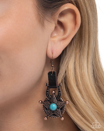 Western Warden - Copper Sheriff's Star Turquoise Stone Fishhook Earrings - Paparazzi Accessories
