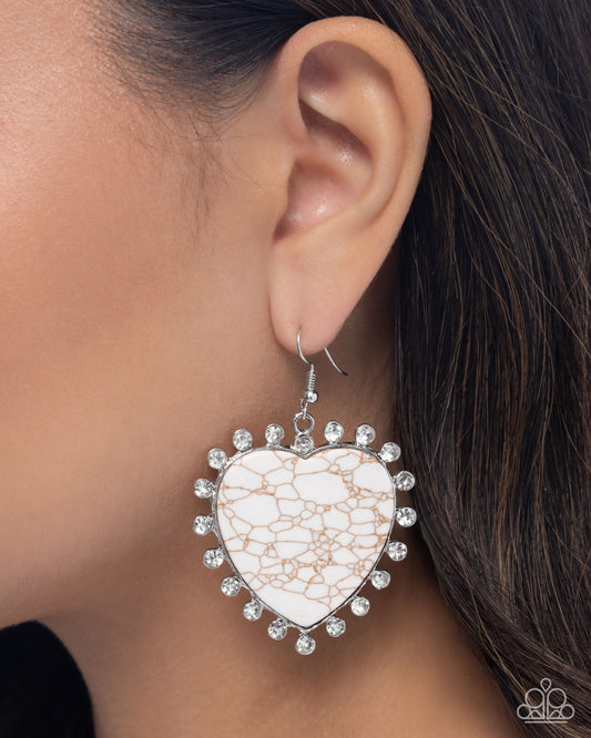 Dazzling Damsel - White Marbled Crackle Stone Heart White Rhinestone Silver Fishhook Earrings - Paparazzi Accessories