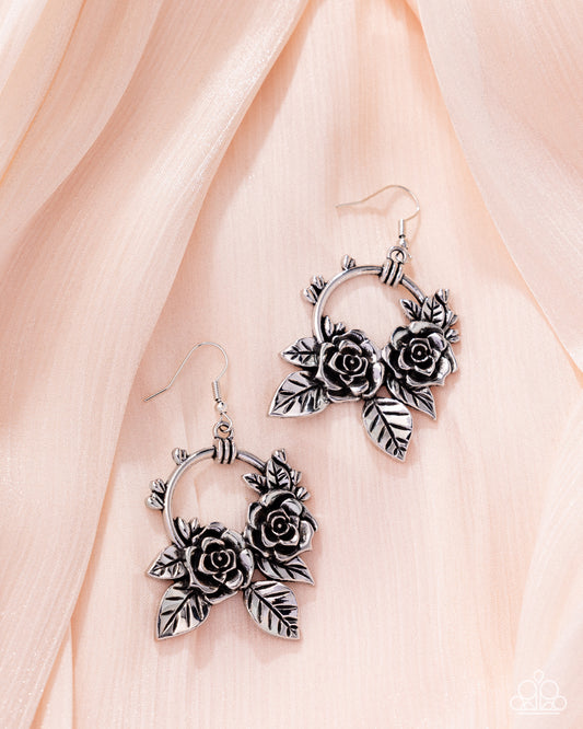 Wanderlust Wreath - Silver Roses & Leaves Fishhook Earrings - Paparazzi Accessories
