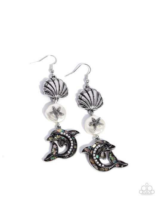 Delightful Dolphin - White Pearl Silver Shell & Dolphin Fishhook Earrings - Paparazzi Accessories