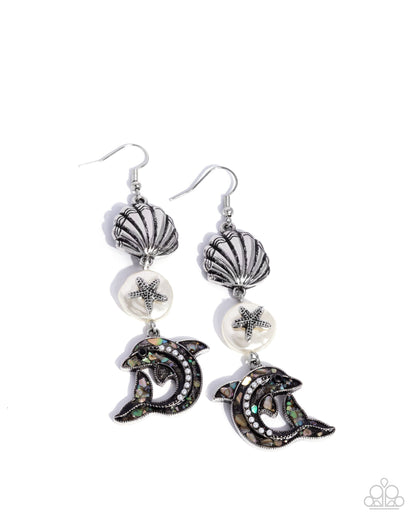 Delightful Dolphin - White Pearl Silver Shell & Dolphin Fishhook Earrings - Paparazzi Accessories
