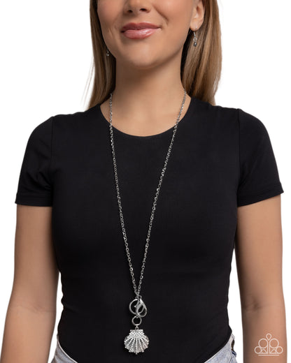 Seashell Socialite - White Rhinestone Silver Shell Lanyard - Paparazzi Accessories