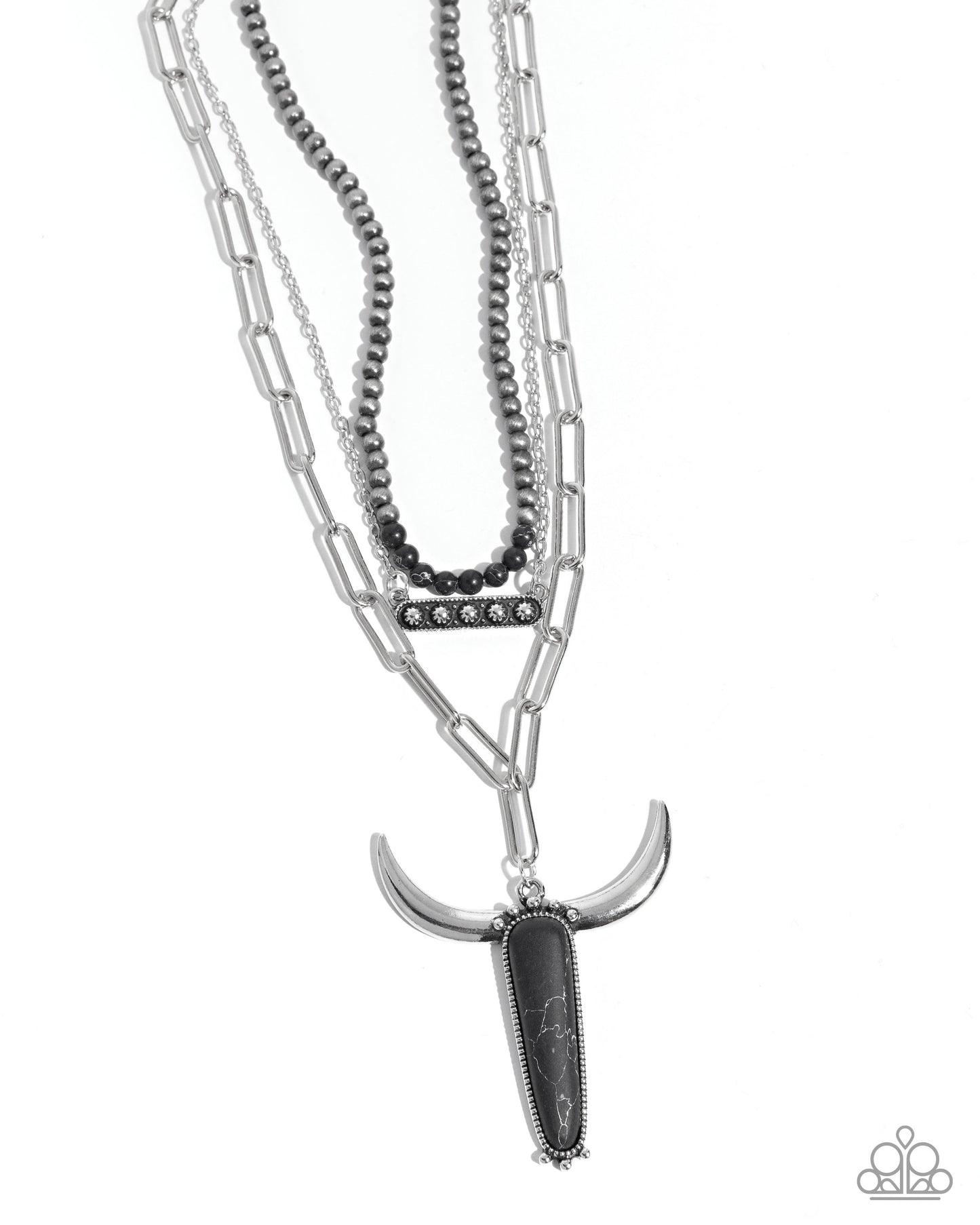 Longhorn Layers - Black Marbled Stone Silver Necklace - Paparazzi Accessories