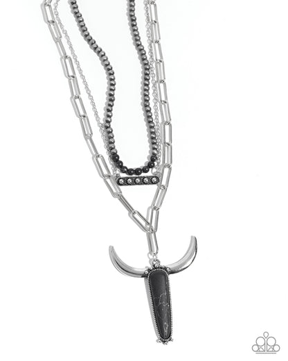 Longhorn Layers - Black Marbled Stone Silver Necklace - Paparazzi Accessories