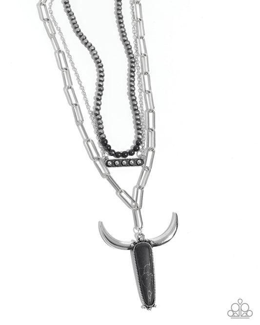 Longhorn Layers - Black Marbled Stone Silver Necklace - Paparazzi Accessories