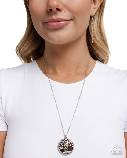 Nordic Nuance - Brown Shell Silver Tree of Life Pendant Necklace - Paparazzi Accessories