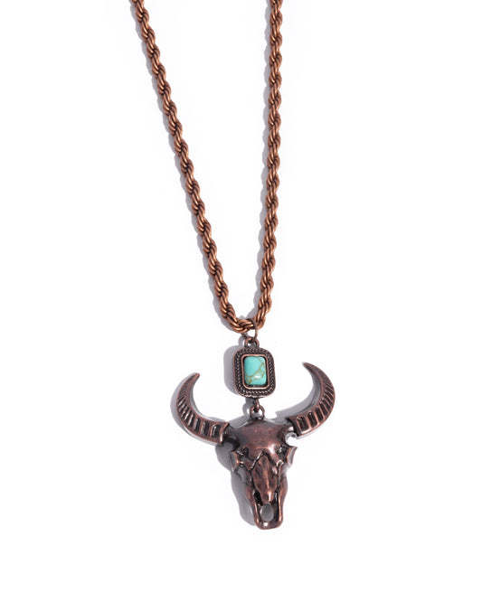 Longhorn Leisure - Copper Longhorn Blue Turquoise Crackle Stone Pendant Necklace - Paparazzi Accessories