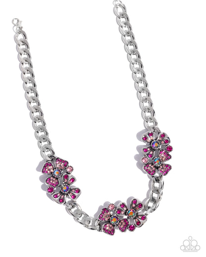 Fairy Florals - Pink Iridescent Rhinestone Flowers Silver Curb Chain Necklace - Paparazzi Accessories