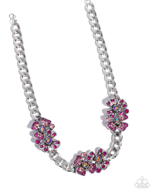 Fairy Florals - Pink Iridescent Rhinestone Flowers Silver Curb Chain Necklace - Paparazzi Accessories