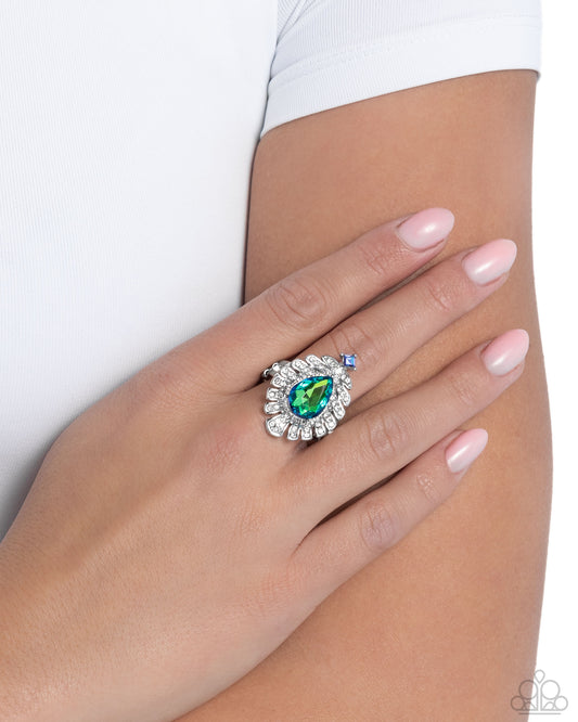 Extended Elite - Multi Green UV, White Rhinestone Silver Ring - Paparazzi Accessories