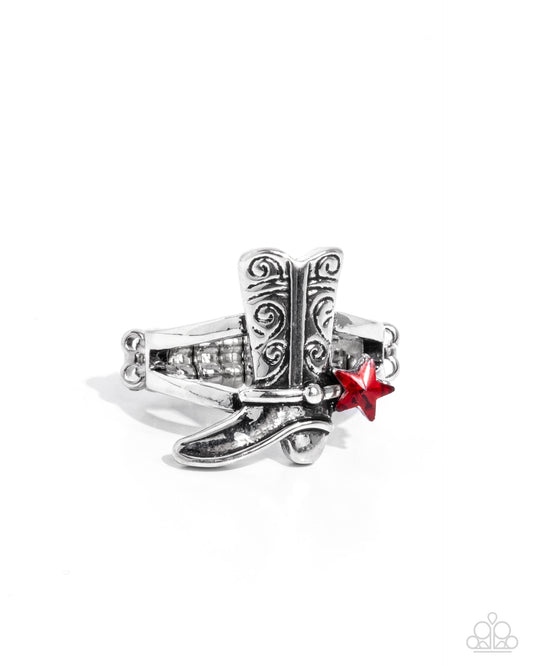 Boot Beginning - Red Rhinestone Star Silver Cowboy Boot Ring - Paparazzi Accessories
