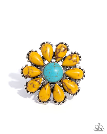 Firm Florals - Yellow & Turquoise Crackle Stone Flower Silver Ring - Paparazzi Accessories