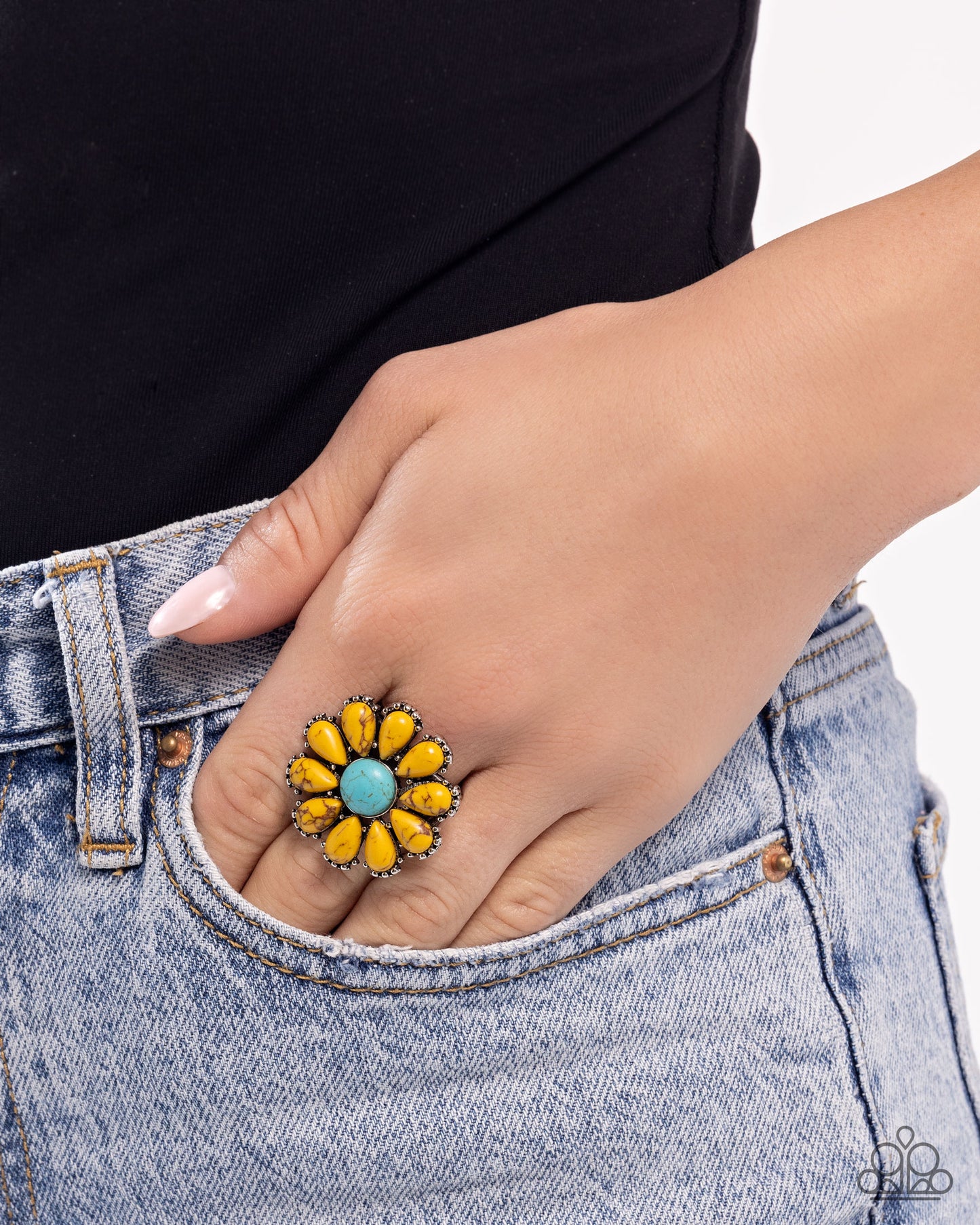 Firm Florals - Yellow & Turquoise Crackle Stone Flower Silver Ring - Paparazzi Accessories