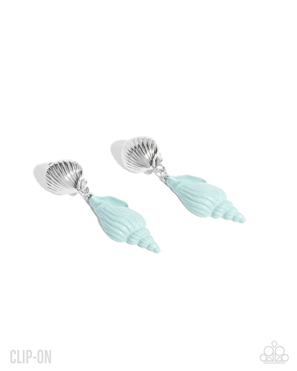 Coastal Collage - Blue Enamel Silver Shell Clip-on Earrings - Paparazzi Accessories