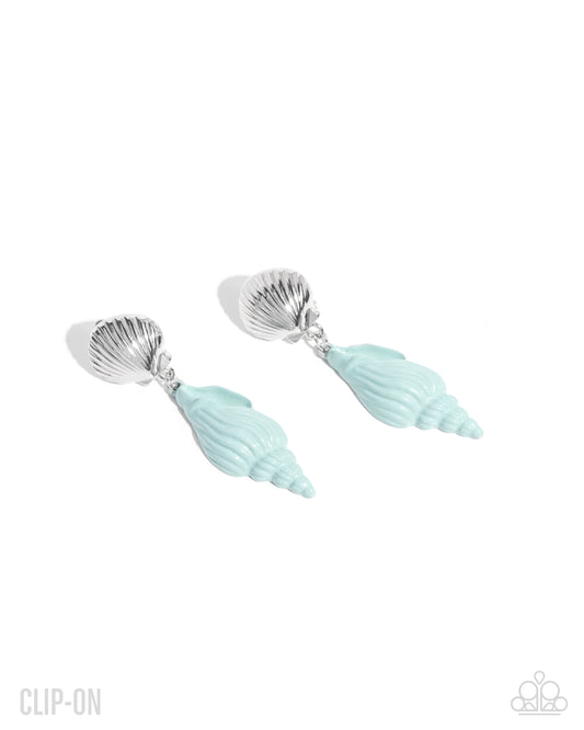Coastal Collage - Blue Enamel Silver Shell Clip-on Earrings - Paparazzi Accessories