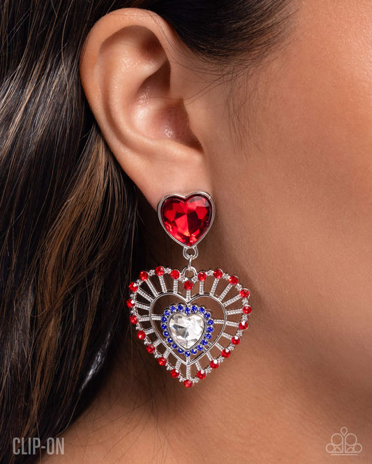 Patriotic Pattern - Multi - Red, White, & Blue Heart Gem Silver Clip-on Earrings - Paparazzi Accessories