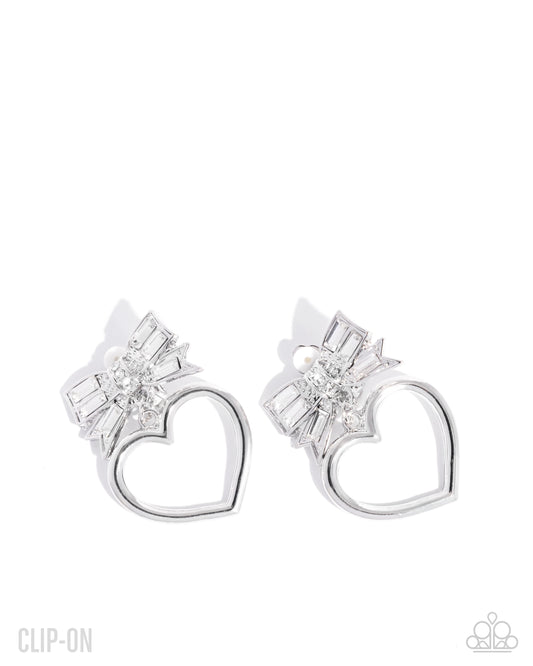 Matchmaking Model - White Clip-on Heart Earrings - Paparazzi Accessories