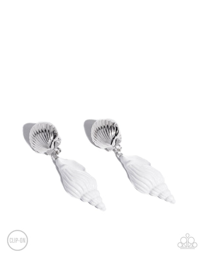 Coastal Collage - White Enamel Seashell Clip-on Earrings - Paparazzi Accessories