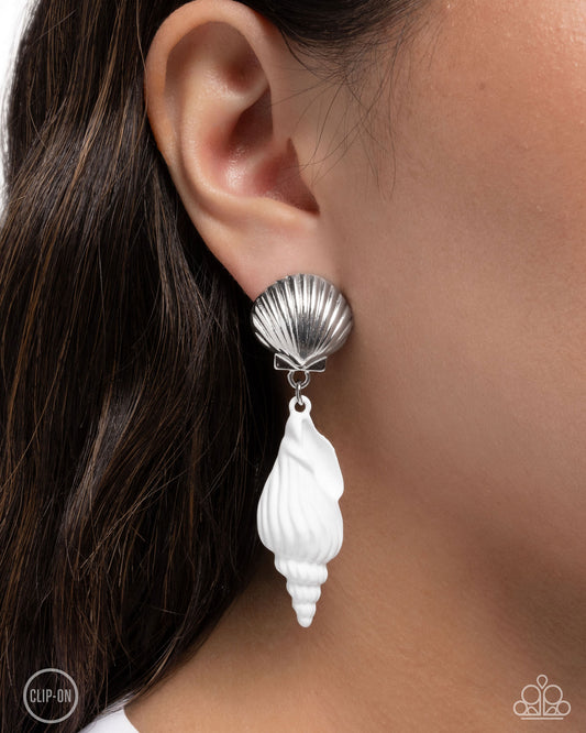 Coastal Collage - White Enamel Seashell Clip-on Earrings - Paparazzi Accessories