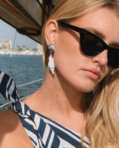 Coastal Collage - White Enamel Seashell Clip-on Earrings - Paparazzi Accessories