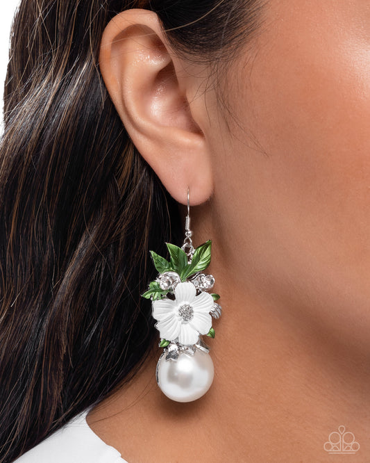 Bouquet Beholder - White Enamel Flower & Pearl Silver Fishhook Earrings - Paparazzi Accessories