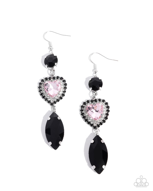 Smitten Sway - Black Gem Pink Heart Gem Silver Fishhook Earrings - Paparazzi Accessories