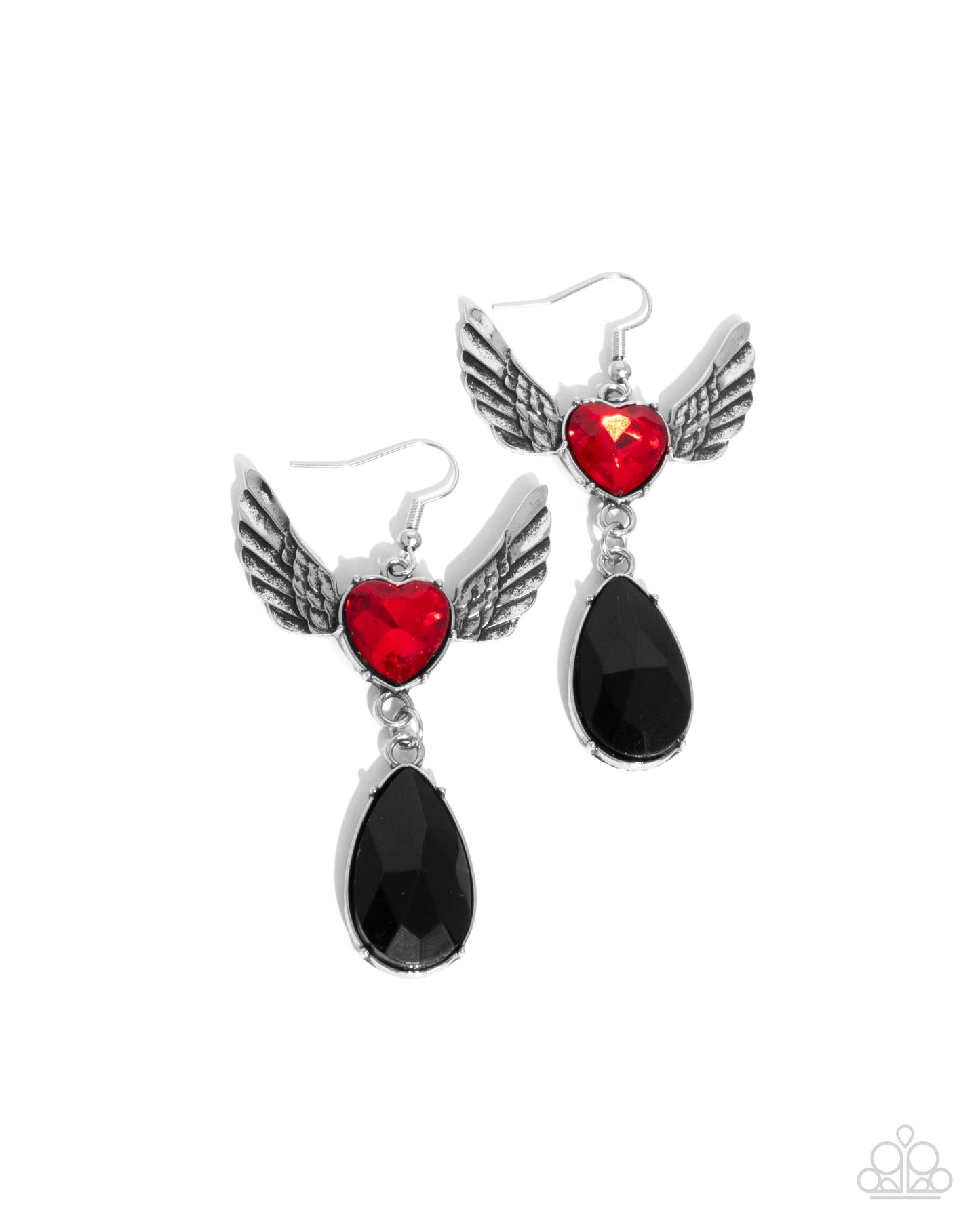 Angelic Accomplishment - Red Rhinestone Heart Silver Angel Wings Fishhook Earrings - Paparazzi Accessories