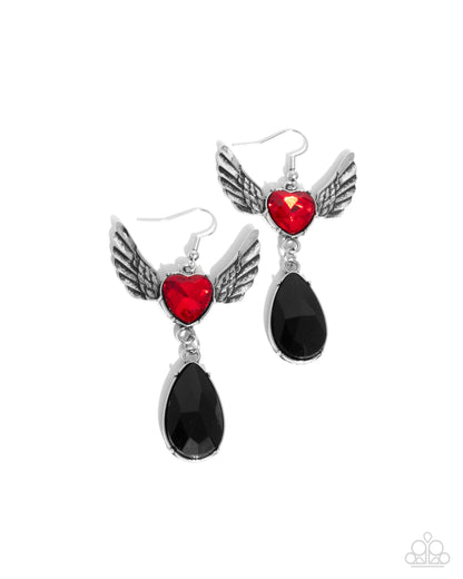 Angelic Accomplishment - Red Rhinestone Heart Silver Angel Wings Fishhook Earrings - Paparazzi Accessories
