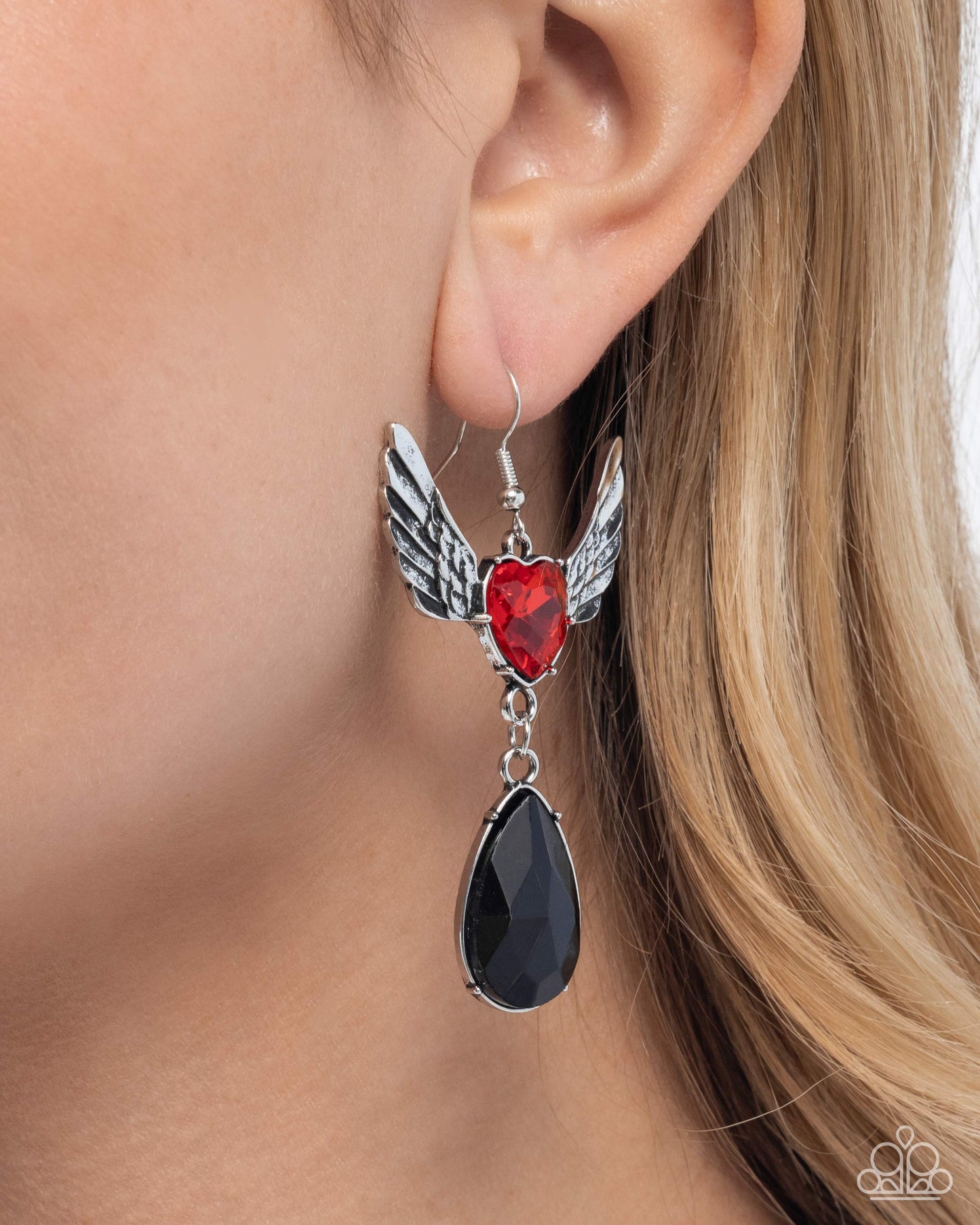 Angelic Accomplishment - Red Rhinestone Heart Silver Angel Wings Fishhook Earrings - Paparazzi Accessories