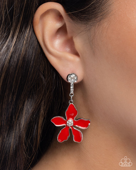 Floral Fleet - Red Enamel Flower White Rhinestone Silver Post Earrings - Paparazzi Accessories
