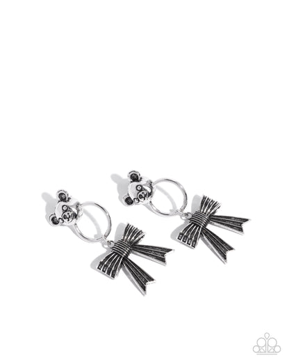 Bear in Mind - Silver Teddy Bear & Bow Post Earrings - Paparazzi Accessories