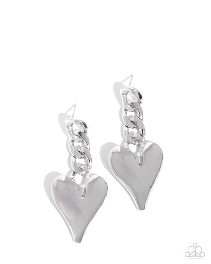 Mechanic Match - Silver Heart Curb Link Chain Post Earrings - Paparazzi Accessories