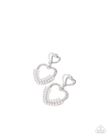 Dangling Damsel - White Rhinestone and Pearl Heart Earrings - Paparazzi Accessories