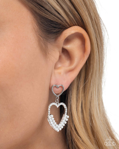 Dangling Damsel - White Rhinestone and Pearl Heart Earrings - Paparazzi Accessories