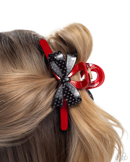 Vaudeville Value - Red with Black Acrylic Bow Claw Clip - Paparazzi Accessories