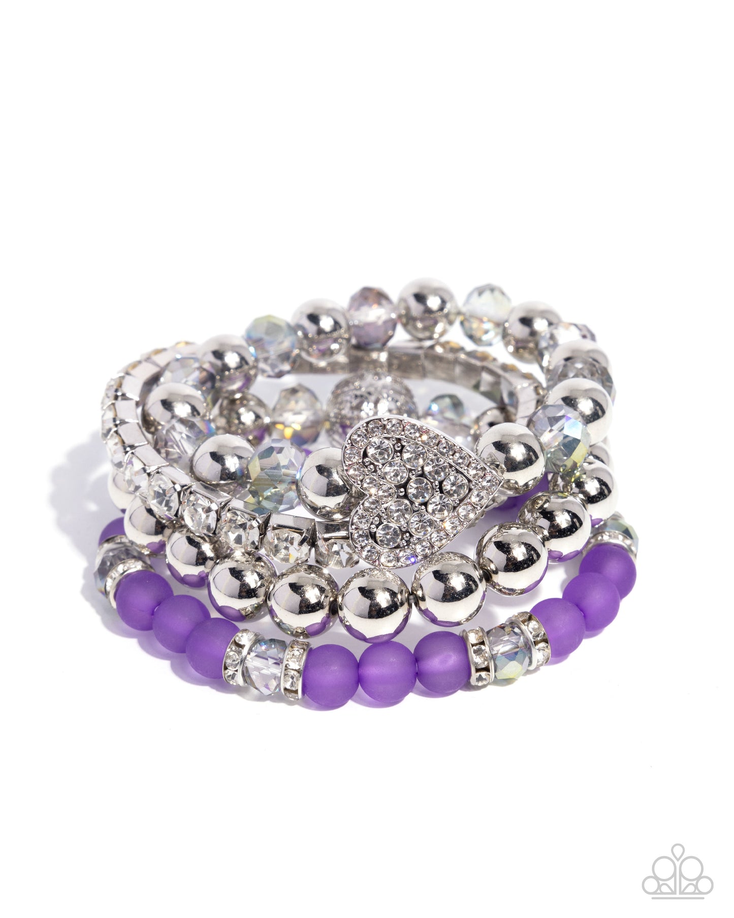 Poetically Plush - Purple Beads White Rhinestone Heart Silver Stretchy Bracelets - Paparazzi Accessories
