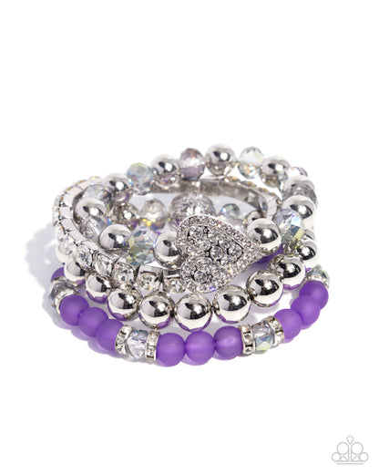 Poetically Plush - Purple Beads White Rhinestone Heart Silver Stretchy Bracelets - Paparazzi Accessories