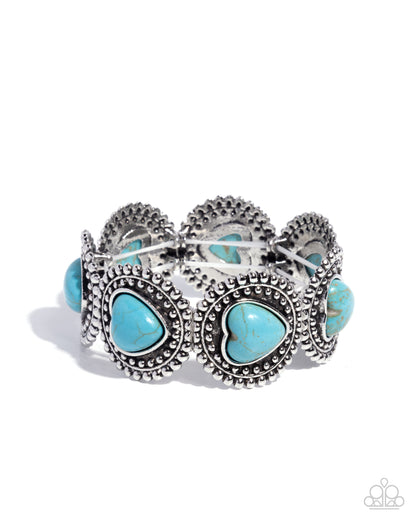 Rural Romance - Blue Turquoise Crackle Stone Heart, Silver Stretchy Bracelet - Paparazzi Accessories