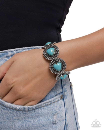 Rural Romance - Blue Turquoise Crackle Stone Heart, Silver Stretchy Bracelet - Paparazzi Accessories