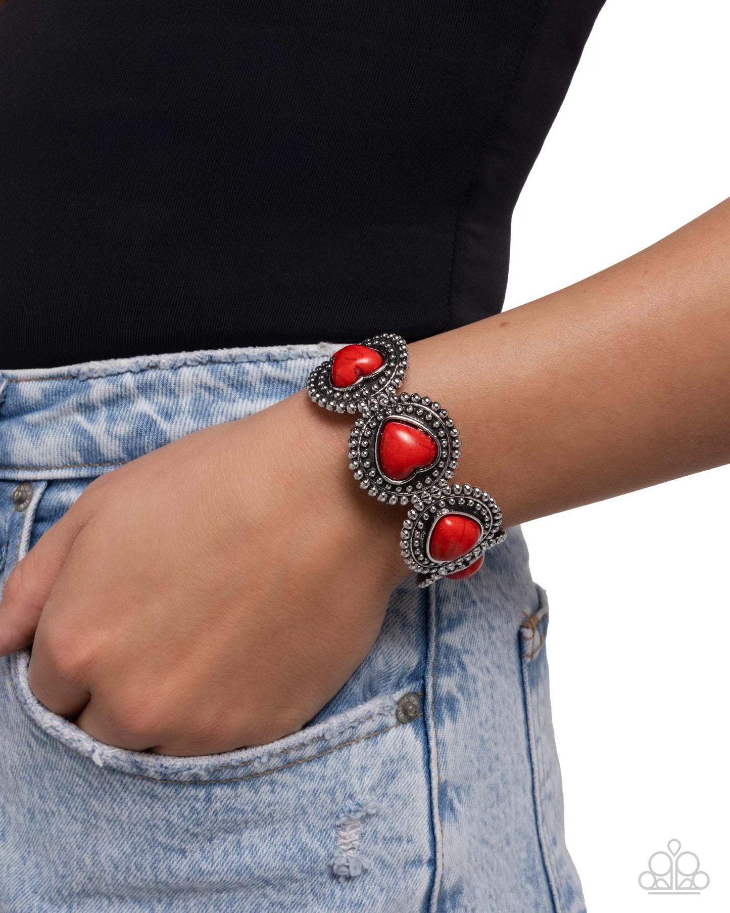 Rural Romance - Red Heart Crackle Stone Silver Stretchy Bracelet - Paparazzi Accessories