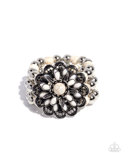 Floral Figment - White Crackle Stone Silver Stretchy Bracelet - Paparazzi Accessories
