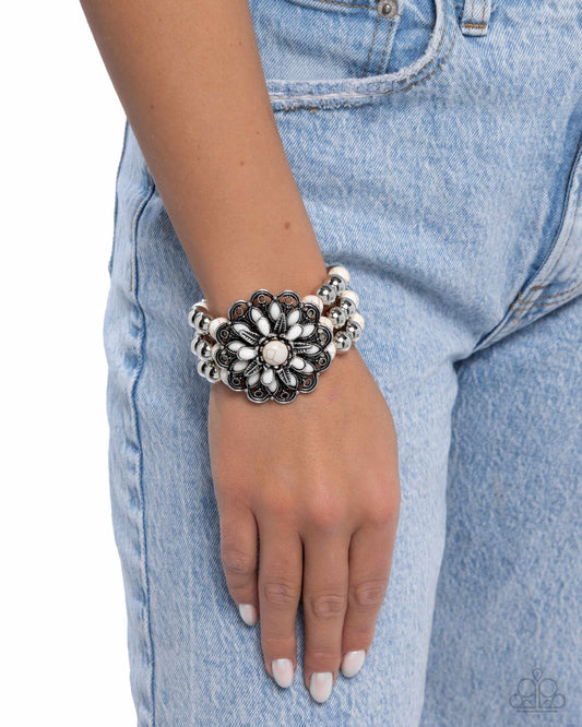 Floral Figment - White Crackle Stone Silver Stretchy Bracelet - Paparazzi Accessories