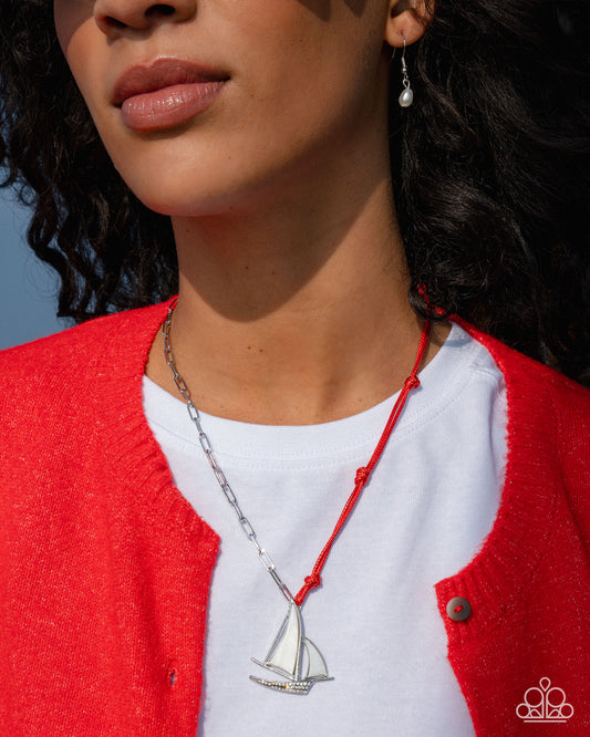 Sailboat Shimmer - Red Cord White Shell Silver Pendant Necklace - Paparazzi Accessories