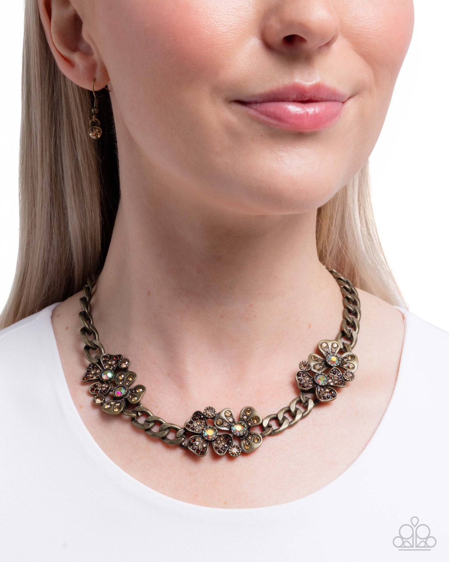 Fairy Florals - Brass & Iridescent Rhinestone Flower Necklace - Paparazzi Accessories